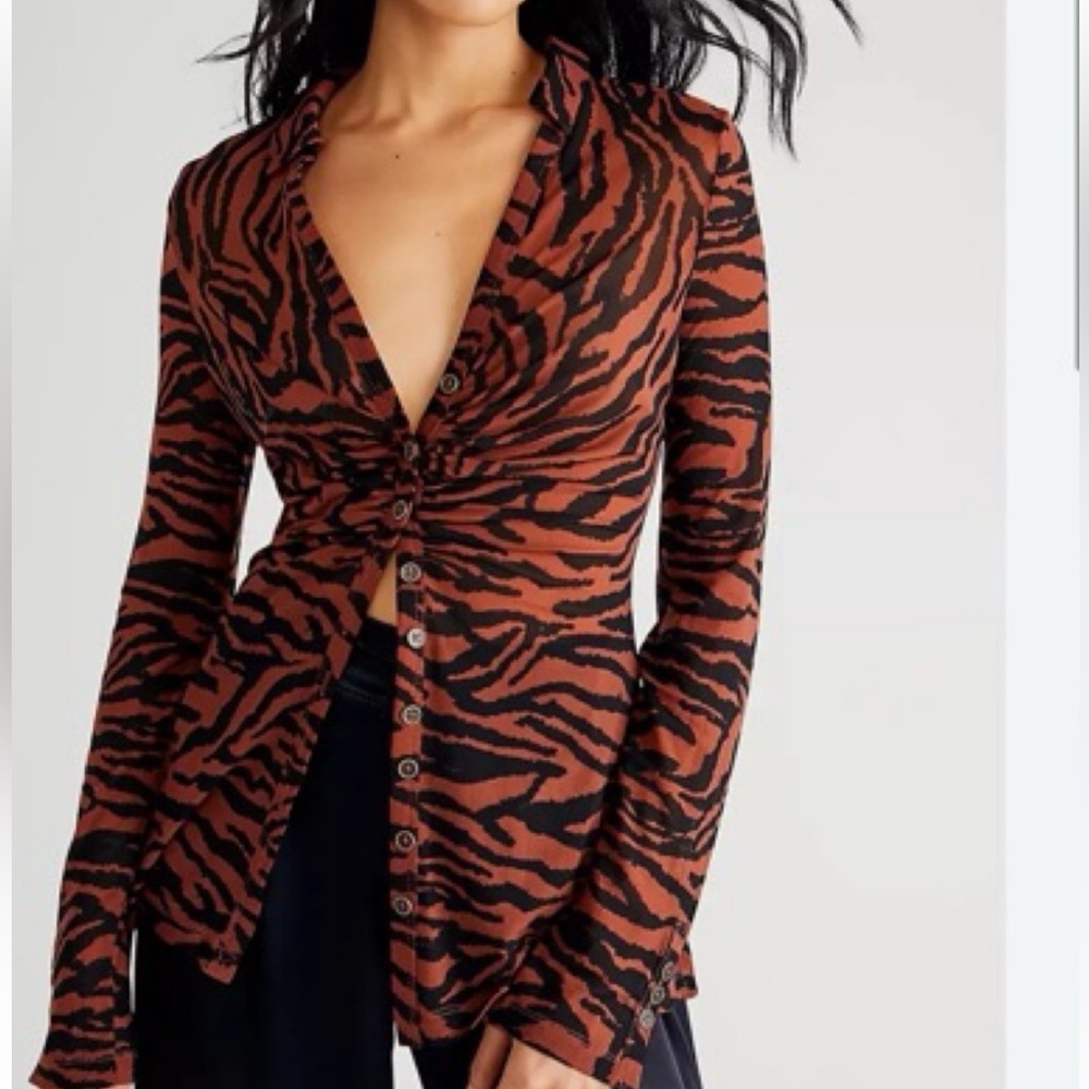 Free People Rust and Black Tiger Stripe Button-Down Shirt